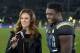 Nov 15, 2013; Pasadena, CA, USA; ESPN reporter Allison Williams (left) interviews UCLA Bruins running back Myles Jack (30) after the game against the Washington Huskies at Rose Bowl. UCLA defeated Washington 41-31. Mandatory Credit: Kirby Lee-USA TODAY S