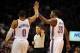 Nov 18, 2013; Oklahoma City, OK, USA; Oklahoma City Thunder small forward Kevin Durant (35) congratulates Oklahoma City Thunder point guard Russell Westbrook (0) in action against the Denver Nuggets during the fourth quarter at Chesapeake Energy Arena. Ma