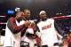 Oct 30, 2012; Miami, FL, USA; Miami Heat shooting guard Dwyane Wade (left) - power forward Chris Bosh (center) - small forward LeBron James (right) after receiving their NBA championship rings before a game against the Boston Celtics at American Airlines