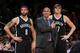 WASHINGTON, DC - NOVEMBER 8: Head Coach Jason Kidd, Deron Williams #8 and Andrei Kirilenko #47 of the Brooklyn Nets watch from the sideline against the Washington Wizards during the game at the Verizon Center on November 8, 2013 in Washington, DC. NOTE TO