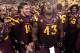 TEMPE, AZ - SEPTEMBER 28: (L-R) Quarterback Taylor Kelly #10 and defensive end Davon Coleman #43 of the Arizona State Sun Devils celebrate with teamamtes following the college football game against the USC Trojans at Sun Devil Stadium on September 28, 20