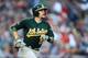 Oakland's Jed Lowrie gets a hit during the ALDS against Detroit on Oct. 8.