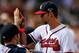 ATLANTA, GA - OCTOBER 04: Mike Minor #36 of the Atlanta Braves walks to the dugout after being relieved in the seventh inning against the Los Angeles Dodgers during Game Two of the National League Division Series at Turner Field on October 4, 2013 in Atl