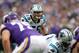 Oct 13, 2013; Minneapolis, MN, USA; Carolina Panthers linebacker Luke Kuechly (59) against the Minnesota Vikings at Mall of America Field at H.H.H. Metrodome. The Panthers defeated the Vikings 35-10. Mandatory Credit: Brace Hemmelgarn-USA TODAY Sports