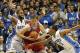 Nov 15, 2013; Durham, NC, USA; Duke Blue Devils Josh Hairston (15) and teammate forward Rodney Hood (5) pressure Florida Atlantic Owls center Dragan Sekelja (3) at Cameron Indoor Stadium. Duke won 97-64. Mandatory Credit: Ellen Ozier-USA TODAY Sports