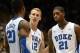 Nov 8, 2013; Durham, NC, USA; Duke Blue Devils forward Alex Murphy (12) talks to forward Amile Jefferson (21) and forward Semi Ojeleye (20) during a break in the second half against the Davidson Wildcats at Cameron Indoor Stadium. Duke won 111-77. Mand