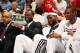 MIAMI, FL - NOVEMBER 19: Dwyane Wade #3, LeBron James #6, and Chris Bosh #1 of the Miami Heat smile while on the bench during the game against the Atlanta Hawks on November 19, 2013 at American Airlines Arena in Miami, Florida. NOTE TO USER: User expressl