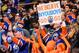 EDMONTON, AB - NOVEMBER 15: Fans celebrate a goal by Nail Yakupov (not pictured) of the Edmonton Oilers against the San Jose Sharks during an NHL game at Rexall Place on November 15, 2013 in Edmonton, Alberta, Canada. (Photo by Derek Leung/Getty Images)