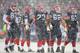 ORCHARD PARK, NY - JANUARY 3: (L-R) Joe Klopfenstein #87, Kirk Chambers #73, Richie Incognito #62 and Geoff Hangartner #63 of the Buffalo Bills look on as snow falls on the field during a break in play in their NFL game against the Indianapolis Colts at R
