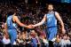DENVER, CO - NOVEMBER 15: Kevin Love #42 and Ricky Rubio #9 of the Minnesota Timberwolves celebrate during the game against the Denver Nuggets on November 15, 2013 at the Pepsi Center in Denver, Colorado. NOTE TO USER: User expressly acknowledges and agre