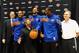 GREENBURGH, NY - DECEMBER 10: (L-R) New York Knicks Senior Vice President and Interim General Manager Glen Grunwald, Carmelo Anthony, Tyson Chandler, Amar'e Stoudemire, Head Coach Mike D'Antoni and Executive Chairman of Madison Square Garden James Dolan d