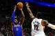 Nov 11, 2013; Portland, OR, USA; Detroit Pistons small forward Josh Smith (6) shoots the ball over Portland Trail Blazers power forward LaMarcus Aldridge (12) during the first quarter at Moda Center. Mandatory Credit: Steve Dykes - USA TODAY Sports