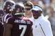 COLLEGE STATION, TX - OCTOBER 26: Texas A&M Aggies head coach Kevin Sumlin has words for Tramain Jacobs at Kyle Field on October 26, 2013 in College Station, Texas. (Photo by Bob Levey/Getty Images)