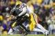 Nov 23, 2013; Baton Rouge, LA, USA; LSU Tigers defensive end Jermauria Rasco (59) sacks Texas A&M Aggies quarterback Johnny Manziel (2) in the second half at Tiger Stadium. LSU defeated Texas A&M 34-10. Mandatory Credit: Crystal LoGiudice-USA TODAY Sports
