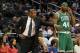 Apr 13, 2013; Orlando, FL, USA; Boston Celtics head coach Doc Rivers talks with power forward Chris Wilcox (44) during the first quarter against the Orlando Magic at the Amway Center. Mandatory Credit: Kim Klement-USA TODAY Sports