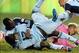 Nov 23, 2013; Kansas City, KS, USA; Sporting KC goalkeeper Jimmy Nielsen (1), defender Ike Opara (3), defender Aurelien Collin (78) and forward C.J. Sapong (17) celebrate after winning the MLS Eastern Conference Championship soccer game against the Housto