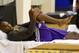 SHANGHAI, CHINA - OCTOBER 17: Kobe Bryant of the Los Angeles Lakers gets treatment during practice as part of the 103 Global Games on October 17, 2013 at the Oriental Sports Center Shanghai, China. NOTE TO USER: User expressly acknowledges and agrees that