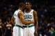BOSTON, MA - NOVEMBER 22: Jordan Crawford #27 speaks with Avery Bradley #0 of the Boston Celtics during a game against the Indiana Pacers at the TD Garden on November 22, 2013 in Boston, Massachusetts. NOTE TO USER: User expressly acknowledges and agrees