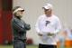 FLOWERY BRANCH, GA - MAY 04: Atlanta Falcons General Manager Thomas Dimitroff speaks with head coach Mike Smith during the Atlanta Falcons rookie mini camp on May 04, 2013 in Flowery Branch, Georgia. (Photo by Todd Kirkland/Getty Images)