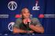 WASHINGTON, DC - NOVEMBER 26: Kobe Bryant #24 of the Los Angeles Lakers talks with the media during a news conference before the start of the Lakers and Washington Wizards game at Verizon Center on November 26, 2013 in Washington, DC. NOTE TO USER: User