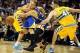 Apr 20, 2013; Denver, CO, USA; Golden State Warriors guard Stephen Curry (30) and Denver Nuggets center Kosta Koufos (41) reach for a loose ball during the second half of game one of the first round of the 2013 NBA Playoffs at the Pepsi Center. The Nugget
