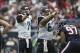 Nov 24, 2013; Houston, TX, USA; Jacksonville Jaguars quarterback Chad Henne (7) and center Brad Meester (63) signal before a play during the second quarter against the Houston Texans at Reliant Stadium. Mandatory Credit: Troy Taormina-USA TODAY Sports