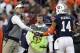 Nov 30, 2013; Auburn, AL, USA; Auburn Tigers head coach Gus Malzahn high fives quarterback Nick Marshall (14) during the second quarter at Jordan Hare Stadium. Mandatory Credit: John Reed-USA TODAY Sports