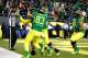 EUGENE, OR - NOVEMBER 29: Josh Huff #1 celebrates the game winning touchdown with Johnny Mundt #83 of the Oregon Ducks against the Oregon State Beavers during the 117th playing of the Civil War on Novemeber 29, 2013 at the Autzen Stadium in Eugene, Orego