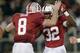 PALO ALTO, CA - NOVEMBER 30: Anthony Wilkerson #32 and Kevin Hogan #8 of the Stanford Cardinal celebrate after Wilkerson rushed for a twenty yard touchdown run against the Notre Dame Fighting Irish during the third quarter at Stanford Stadium on November