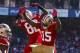 SAN FRANCISCO, CA - OCTOBER 07: Wide receiver Mario Manningham #82 of the San Francisco 49ers celebrates with wide receiver Michael Crabtree #15 after scoring a touchdown against the Buffalo Bills during the third quarter at Candlestick Park on October 7,