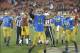 Nov 30, 2013; Los Angeles, CA, USA; UCLA Bruins linebacker Anthony Barr (11) celebrates after sacking Southern California Troans quarterback Cody Kessler (not pictured) in the fourth quarter at Los Angeles Memorial Coliseum. Mandatory Credit: Kirby Lee-US