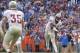 Nov 30, 2013; Gainesville, FL, USA; Florida State Seminoles quarterback Jameis Winston (5) throws the ball to tight end Nick O'Leary (35) during the second half at Ben Hill Griffin Stadium. Florida State Seminoles defeated the Florida Gators 37-7. Mandato