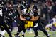 Nov 28, 2013; Baltimore, MD, USA; Pittsburgh Steelers tight end Heath Miller (83) gets tackled by Baltimore Ravens safety James Ihedigbo (32) and linebacker Daryl Smith (51) during a NFL football game on Thanksgiving at M&T Bank Stadium. Mandatory Credit: