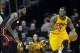 Nov 27, 2013; Cleveland, OH, USA; Cleveland Cavaliers shooting guard Dion Waiters (3) dribbles against Miami Heat small forward LeBron James (6) in the fourth quarter at Quicken Loans Arena. Miami won the game 95-84. Mandatory Credit: David Richard-USA TO