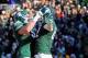 Nov 30, 2013; East Lansing, MI, USA; Michigan State Spartans tight end Josiah Price (82) and offensive linesman Dan France (59) celebrate a touchdown during the 2nd half against the Minnesota Golden Golphers at Spartan Stadium.MSU won 14-3. Mandatory Cre