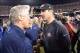 Oct 18, 2012; San Francisco, CA, USA; Seattle Seahawks coach Pete Carroll (left) shakes hands with San Francisco 49ers coach Jim Harbaugh after the game at Candlestick Park. The 49ers defeated the Seahawks 13-6. Mandatory Credit: Kirby Lee/Image of Sport