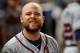 MIAMI, FL - JULY 8: Brian McCann #16 of the Atlanta Braves reacts in the dugout during the 11th inning against the Miami Marlins at Marlins Park on July 8, 2013 in Miami, Florida. (Photo by Steve Mitchell/Getty Images)
