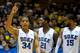 DURHAM, NC - DECEMBER 03: Andre Dawkins #34 of the Duke Blue Devils reacts after sinking a 3-point basket against the Michigan Wolverines during play at Cameron Indoor Stadium on December 3, 2013 in Durham, North Carolina. Duke won 79-69. (Photo by Gran
