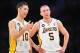 March 17, 2013; Los Angeles, CA, USA; Los Angeles Lakers point guard Steve Nash (10) speaks to point guard Steve Blake (5) during a stoppage in play in the second half at Staples Center. Mandatory Credit: Gary A. Vasquez-USA TODAY Sports