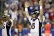 Sep 15, 2013; East Rutherford, NJ, USA; Denver Broncos quarterback Peyton Manning (18) celebrates a touchdown against the New York Giants during the game at MetLife Stadium. Mandatory Credit: Chris Faytok/THE STAR-LEDGER via USA TODAY Sports
