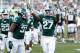 EAST LANSING, MI - SEPTEMBER 29: Kurtis Drummond #27 of the Michigan State Spartans reacts with Darqueze Dennard #31after a video review overturned a play on a fumble he knocked loose in the third quarter while playing the Ohio State Buckeyes at Spartan