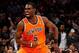 Dec 1, 2013; New York, NY, USA; New York Knicks shooting guard Tim Hardaway Jr. (5) reacts after scoring a three point basket during the fourth quarter against the New Orleans Pelicans at Madison Square Garden. New Orleans Pelicans won 103-99. Mandatory