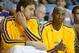 Oct 8, 2013; Ontario, CA, USA; Los Angeles Lakers forward Pau Gasol (left) and guard Kobe Bryant react during the game against the Denver Nuggets at Citizens Business Bank Arena. The Lakers defeated the Nuggest 90-88. Mandatory Credit: Kirby Lee-USA TODAY