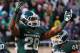 Nov 2, 2013; East Lansing, MI, USA; Michigan State Spartans linebacker Denicos Allen (28) reacts to a play during the 2nd half of a game against the Michigan Wolverines at Spartan Stadium. MSU won 29-6. Mandatory Credit: Mike Carter-USA TODAY Sports