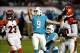 Oct 31, 2013; Miami Gardens, FL, USA; Miami Dolphins kicker Caleb Sturgis (9) kicks a field goal in the second quarter against the Cincinnati Bengals at Sun Life Stadium. Mandatory Credit: Robert Mayer-USA TODAY Sports