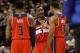 Nov 22, 2013; Toronto, Ontario, CAN; Washington Wizards guard John Wall (2) talks to guard Garrett Temple (17) and guard Bradley Beal (3) against the Toronto Raptors at Air Canada Centre. The Raptors beat the Wizards 96-88. Mandatory Credit: Tom Szczerbo