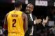 CLEVELAND, OH - DECEMBER 7: Head coach Mike Brown of the Cleveland Cavaliers discusses the play with Kyrie Irving #2 during a break in the action against the Los Angeles Clippers at The Quicken Loans Arena on December 7, 2013 in Cleveland, Ohio. NOTE TO