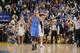 OAKLAND, CA - NOVEMBER 14: Russell Westbrook #0 of the Oklahoma City Thunder celebrates after making a three pointer to put the Oklahoma City Thunder ahead of the Golden State Warriors on November 14, 2013 at Oracle Arena in Oakland, California. NOTE TO U