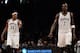 Nov 27, 2013; Brooklyn, NY, USA; Brooklyn Nets small forward Paul Pierce (34) and power forward Kevin Garnett (2) looks on against the Los Angeles Lakers at Barclays Center. The Lakers won 99-94. Mandatory Credit: Joe Camporeale-USA TODAY Sports