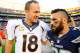 Nov 10, 2013; San Diego, CA, USA; Denver Broncos quarterback Peyton Manning (18) talks with San Diego Chargers safety Eric Weddle (32) at Qualcomm Stadium. The Broncos won 28-20. Mandatory Credit: Christopher Hanewinckel-USA TODAY Sports
